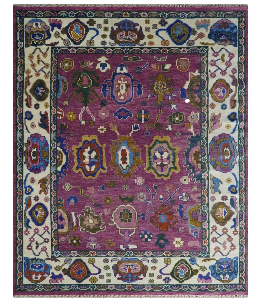 Vibrant Colorful Hand knotted Purple and Ivory Oushak wool Area Rug - The Rug Decor