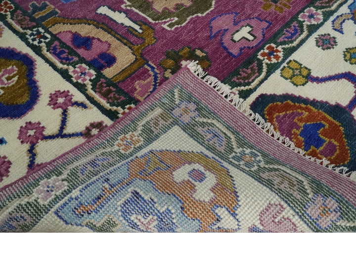 Vibrant Colorful Hand knotted Purple and Ivory Oushak wool Area Rug - The Rug Decor