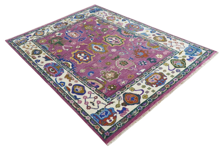 Vibrant Colorful Hand knotted Purple and Ivory Oushak wool Area Rug - The Rug Decor