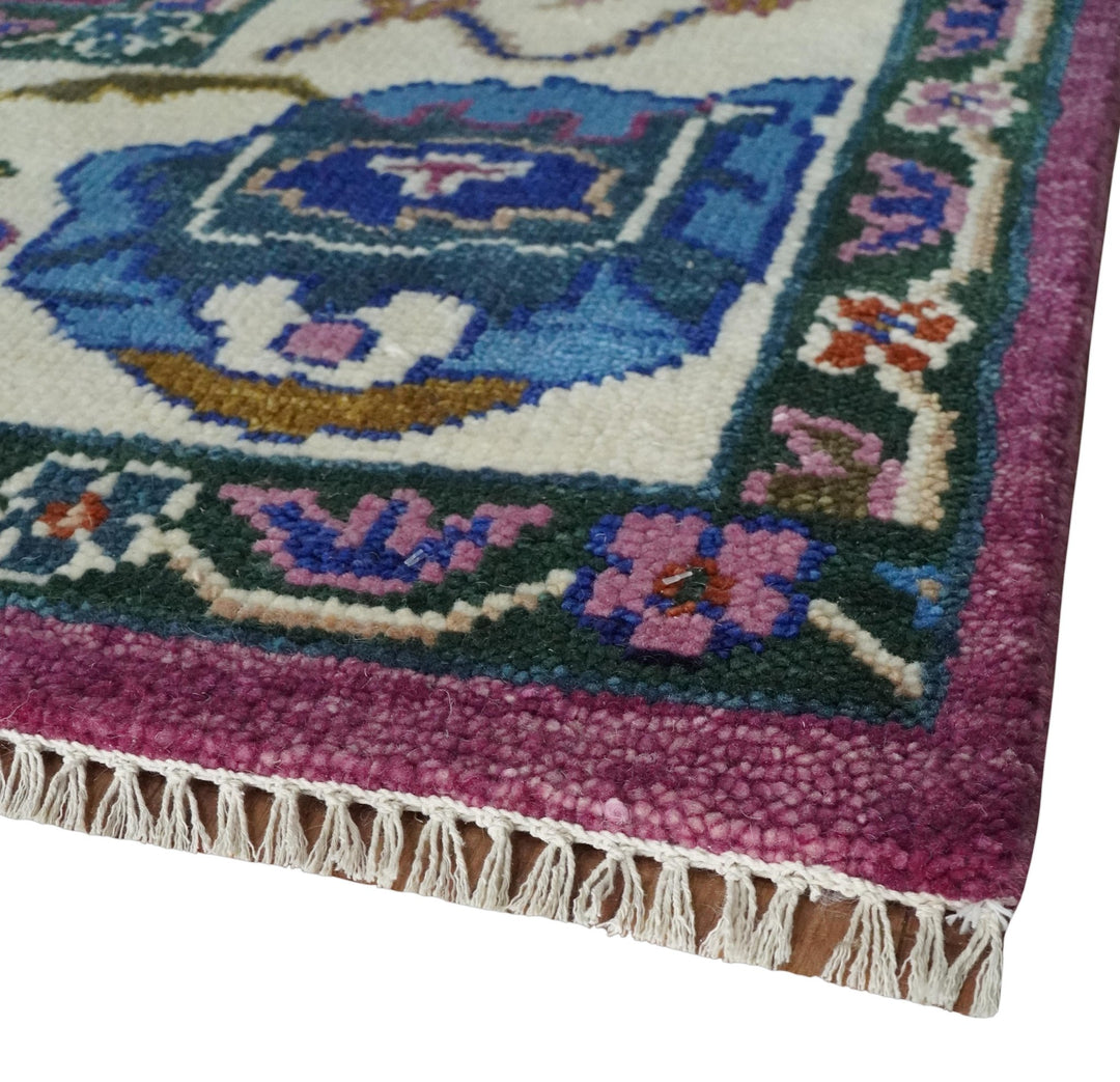 Vibrant Colorful Hand knotted Purple and Ivory Oushak wool Area Rug - The Rug Decor