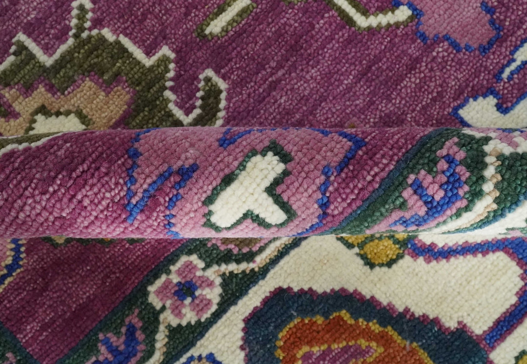 Vibrant Colorful Hand knotted Purple and Ivory Oushak wool Area Rug - The Rug Decor