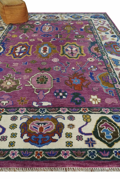 Vibrant Colorful Hand knotted Purple and Ivory Oushak wool Area Rug - The Rug Decor