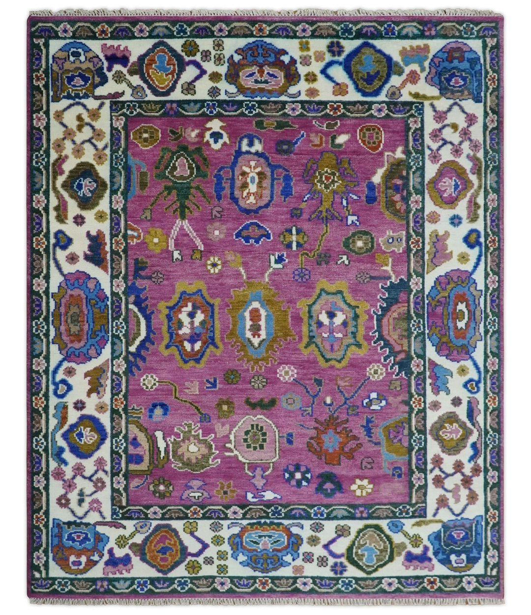 Vibrant Colorful Hand knotted Purple and Ivory Oushak wool Area Rug - The Rug Decor