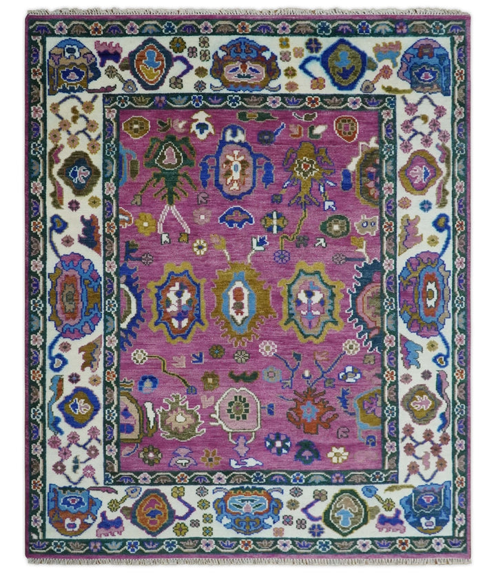 Vibrant Colorful Hand knotted Purple and Ivory Oushak wool Area Rug - The Rug Decor