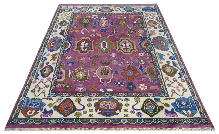 Vibrant Colorful Hand knotted Purple and Ivory Oushak wool Area Rug - The Rug Decor