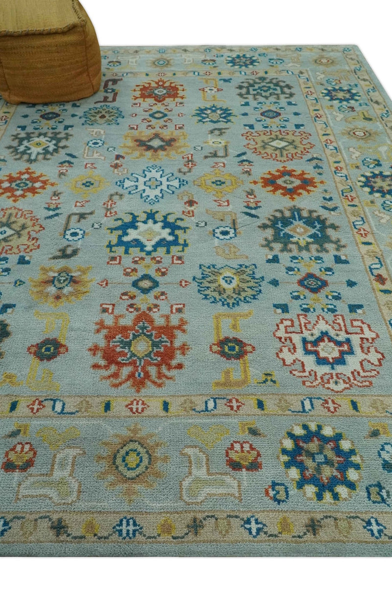 Vibrant Colorful Light Blue, Mustard, Brown and Blue Hand Knotted Traditional Oushak Multi Size wool Area Rug - The Rug Decor