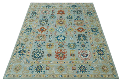 Vibrant Colorful Light Blue, Mustard, Brown and Blue Hand Knotted Traditional Oushak Multi Size wool Area Rug - The Rug Decor