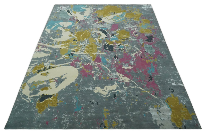 Vibrant Colorful Modern Abstract Gray, Olive, Purple and Ivory Hand knotted 10x14 and 12x15 wool Area Rug - The Rug Decor