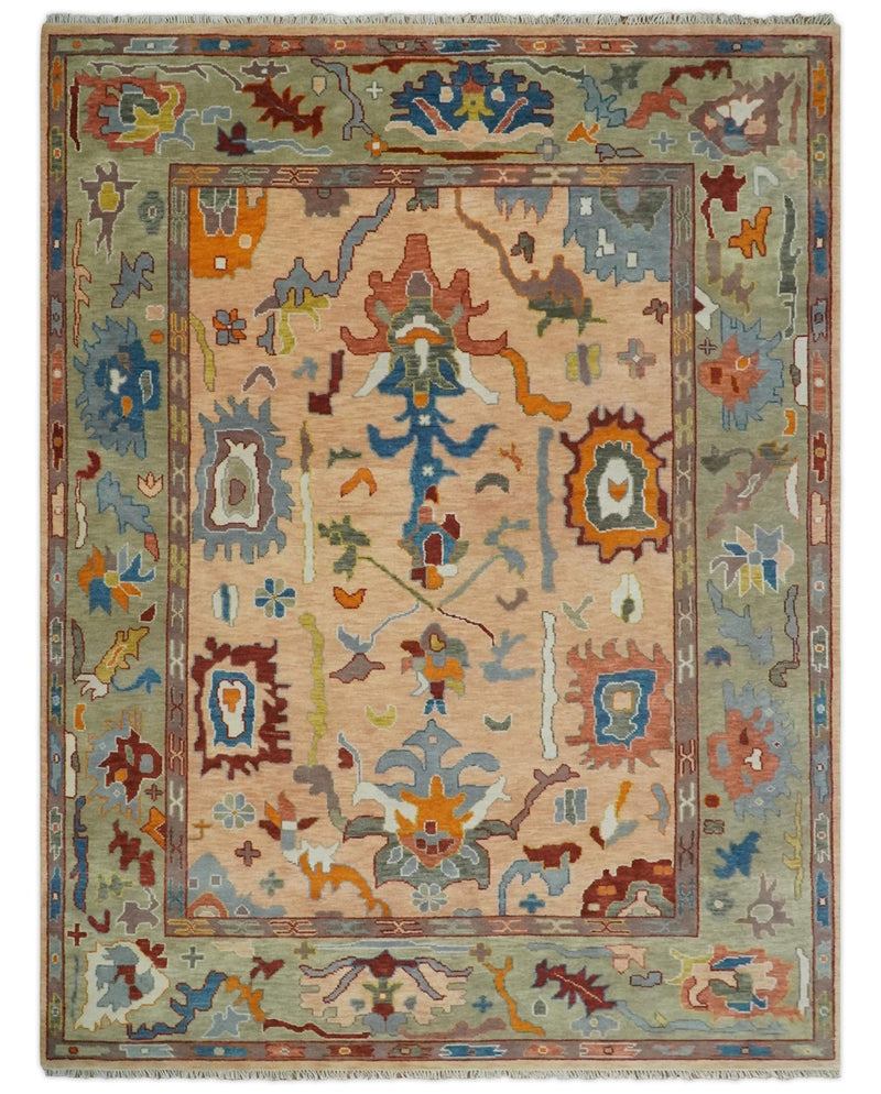 Vibrant Colorful Peach and Green Hand knotted Oushak 8x10 and 9x12 wool Area Rug - The Rug Decor