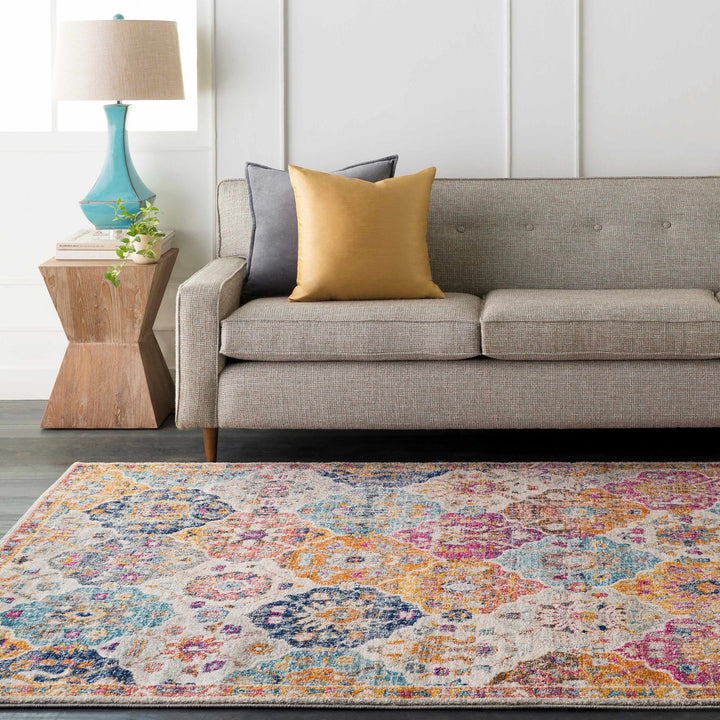 Vibrant Colorful Pink, Gold, Aqua and Blue Traditional Ikat Pattern Area Rug - The Rug Decor