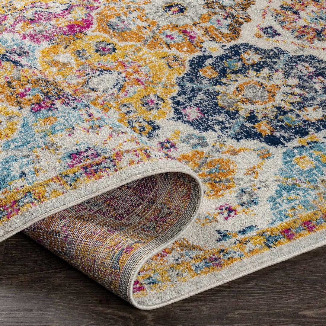 Vibrant Colorful Pink, Gold, Aqua and Blue Traditional Ikat Pattern Area Rug - The Rug Decor