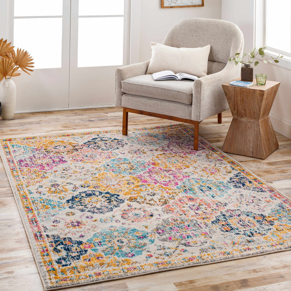 Vibrant Colorful Pink, Gold, Aqua and Blue Traditional Ikat Pattern Area Rug - The Rug Decor