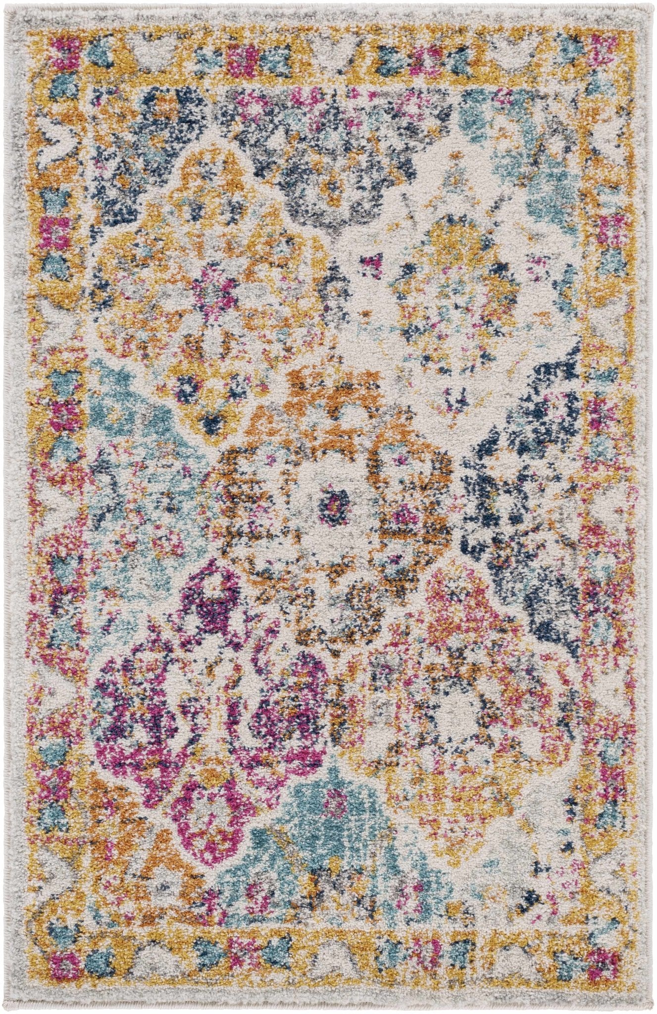 Vibrant Colorful Pink, Gold, Aqua and Blue Traditional Ikat Pattern Area Rug - The Rug Decor