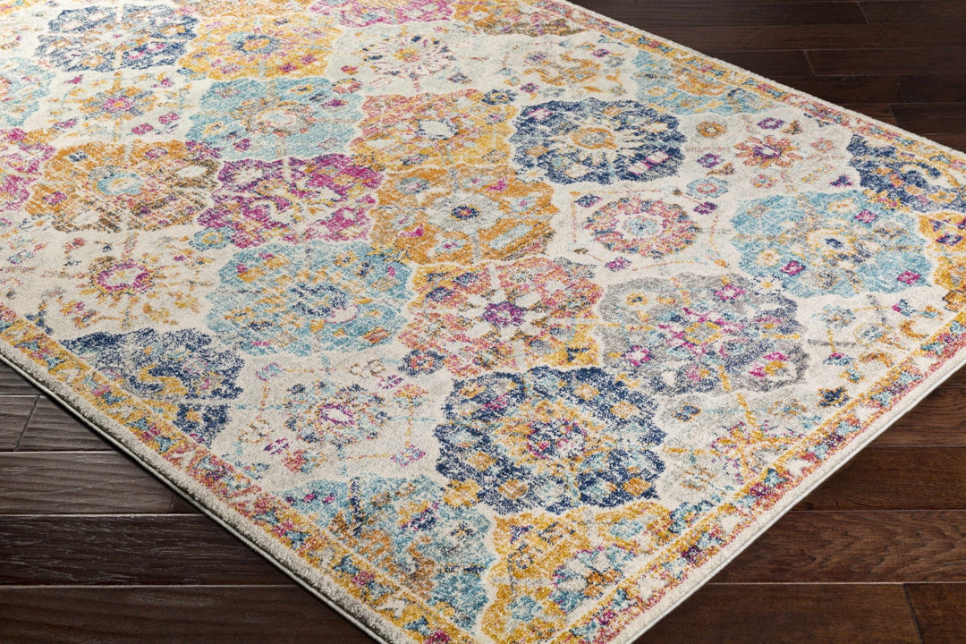 Vibrant Colorful Pink, Gold, Aqua and Blue Traditional Ikat Pattern Area Rug - The Rug Decor