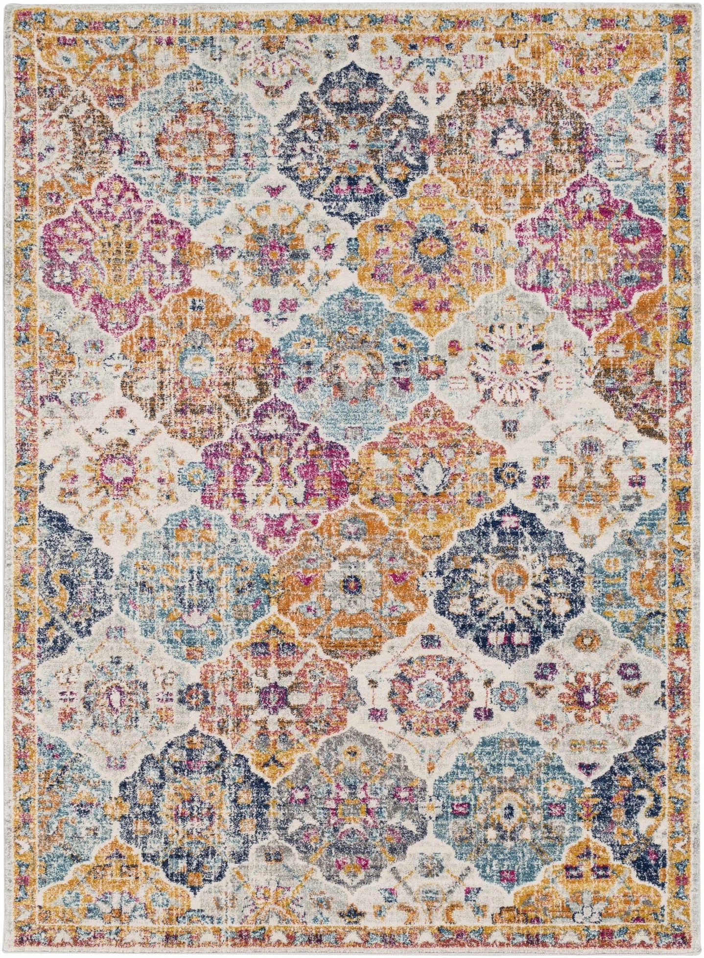 Vibrant Colorful Pink, Gold, Aqua and Blue Traditional Ikat Pattern Area Rug - The Rug Decor