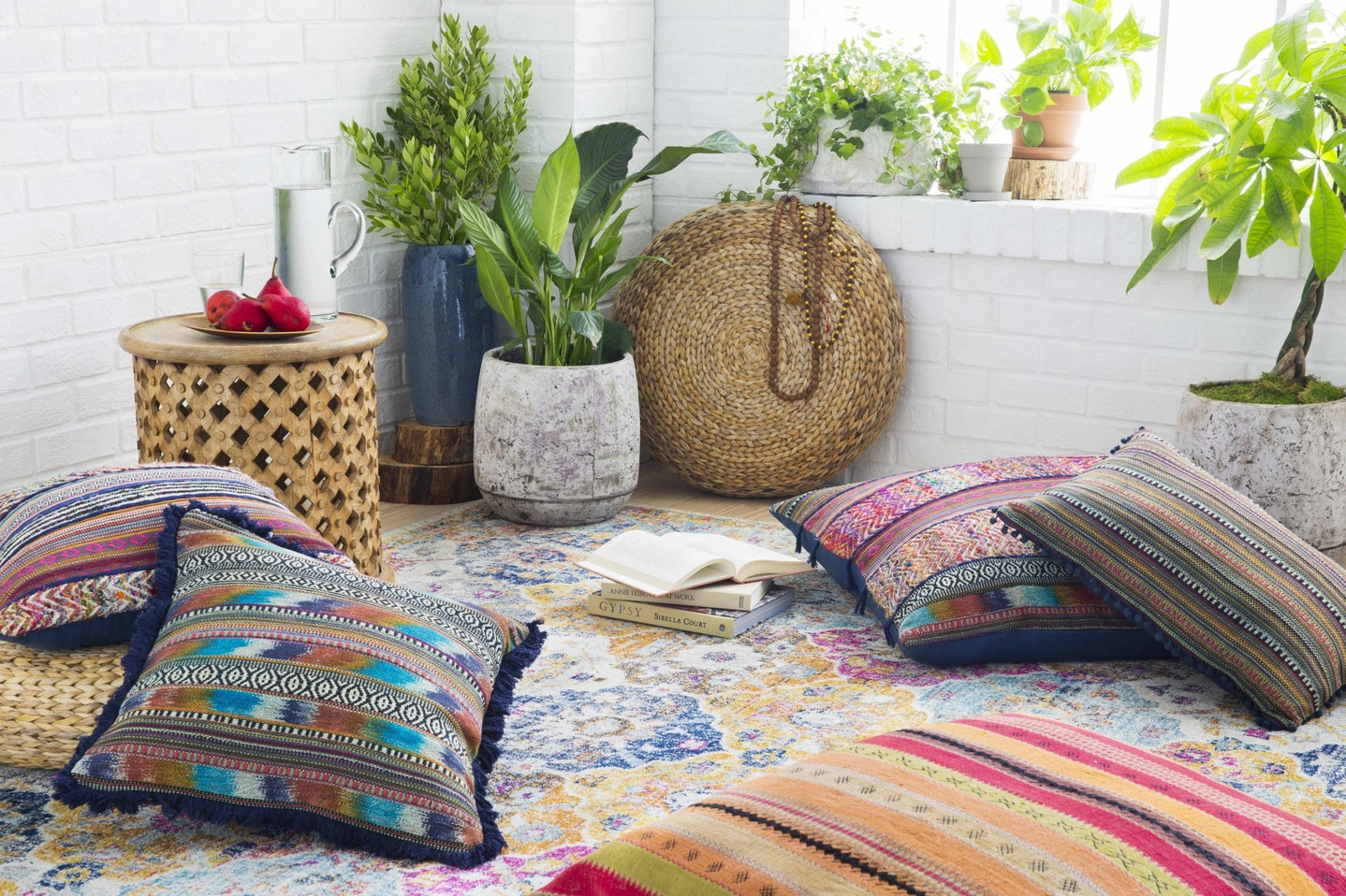 Vibrant Colorful Pink, Gold, Aqua and Blue Traditional Ikat Pattern Area Rug - The Rug Decor