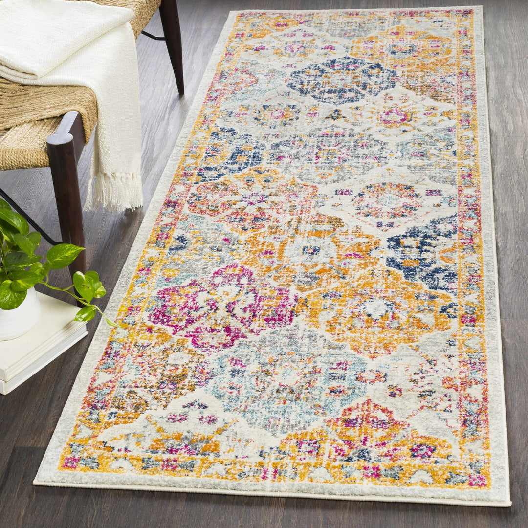 Vibrant Colorful Pink, Gold, Aqua and Blue Traditional Ikat Pattern Area Rug - The Rug Decor