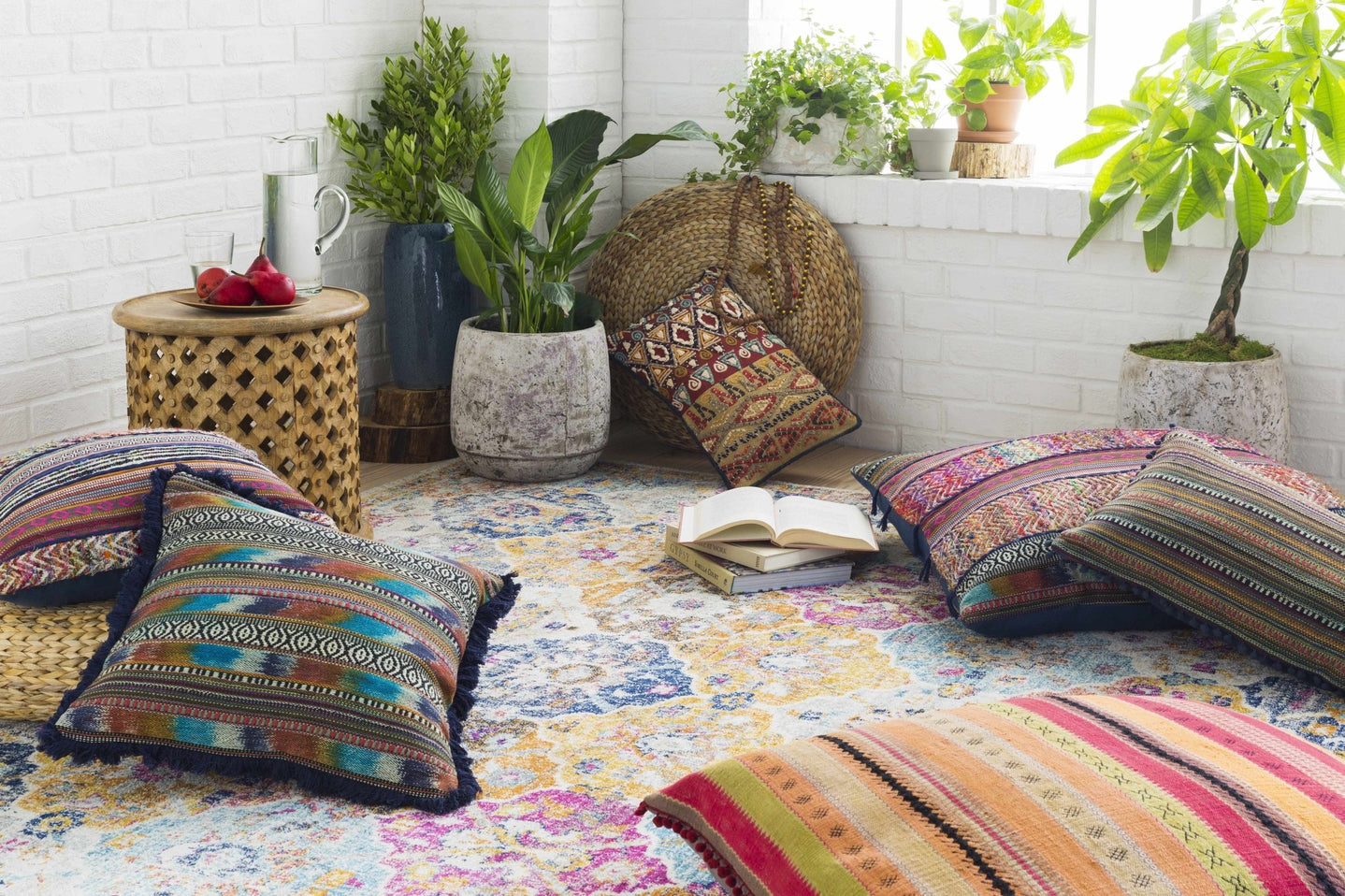 Vibrant Colorful Pink, Gold, Aqua and Blue Traditional Ikat Pattern Area Rug - The Rug Decor