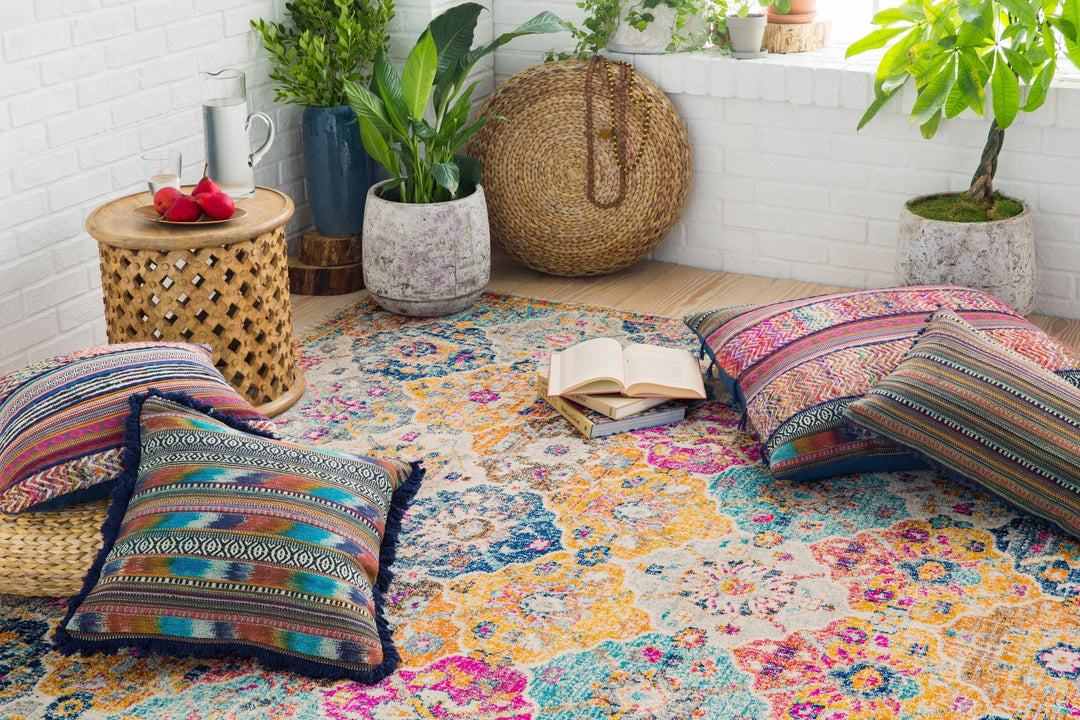 Vibrant Colorful Pink, Gold, Aqua and Blue Traditional Ikat Pattern Area Rug - The Rug Decor