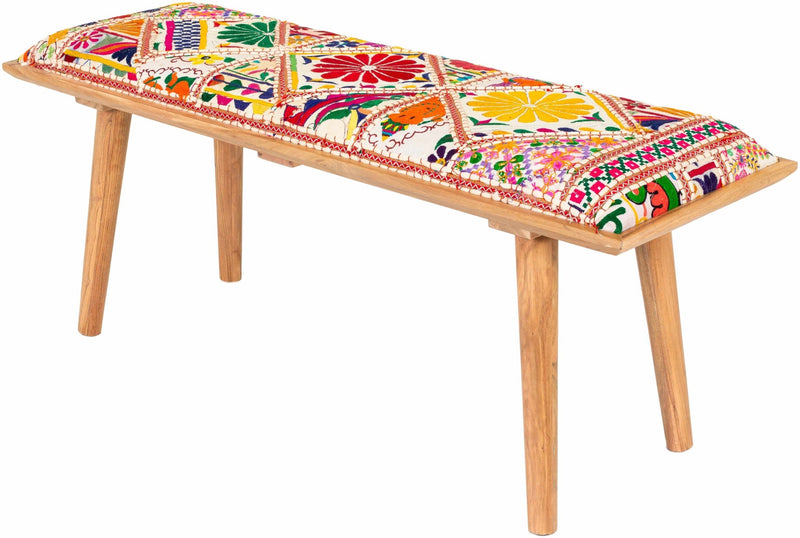 Vibrant Colorful Rust, Mustard, Green and Blue Traditional Hand Made Wooden Bench - The Rug Decor