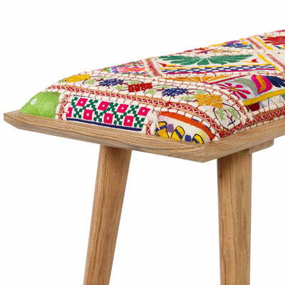 Vibrant Colorful Rust, Mustard, Green and Blue Traditional Hand Made Wooden Bench - The Rug Decor