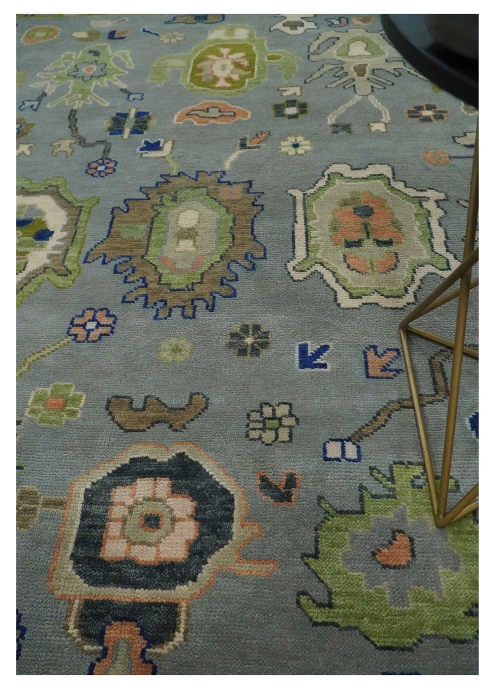 Vibrant Colorful Silver, Green and Light Peach Hand knotted Oushak wool Area Rug - The Rug Decor