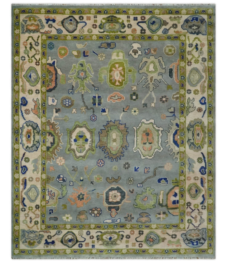 Vibrant Colorful Silver, Green and Light Peach Hand knotted Oushak wool Area Rug - The Rug Decor