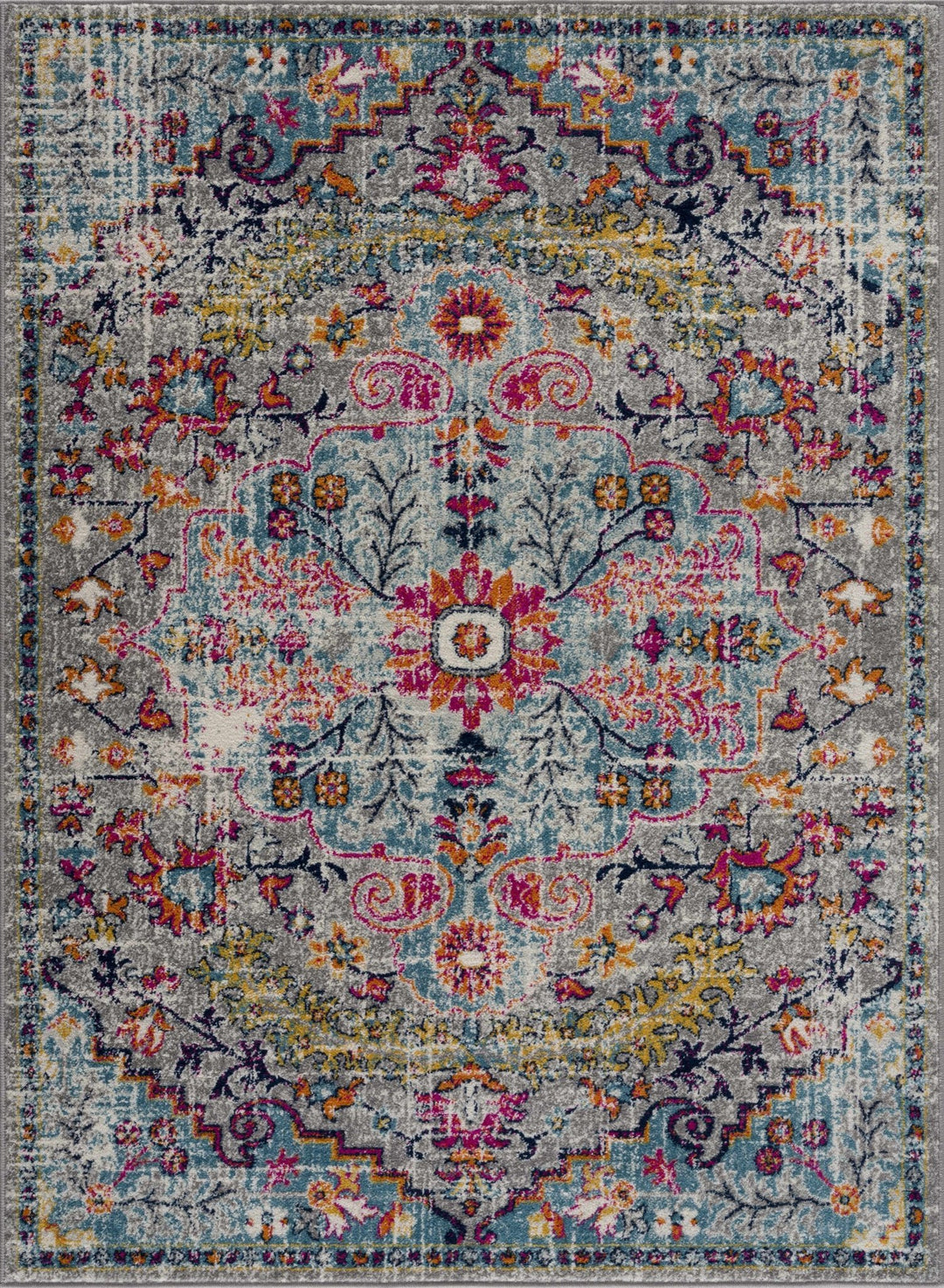 Vibrant Colorful Teal, Gray, Pink and Rust Medallion Design Area Rug - The Rug Decor
