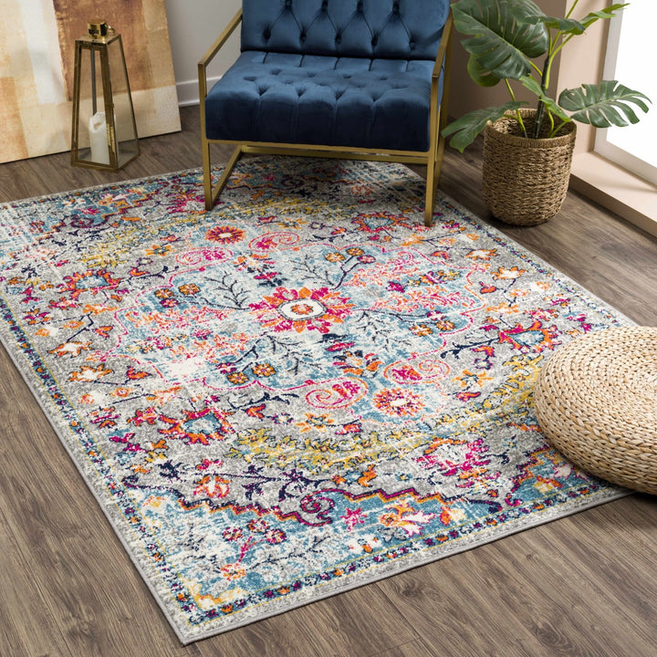 Vibrant Colorful Teal, Gray, Pink and Rust Medallion Design Area Rug - The Rug Decor