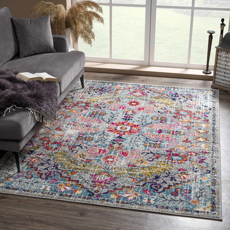 Vibrant Colorful Teal, Gray, Pink and Rust Medallion Design Area Rug - The Rug Decor
