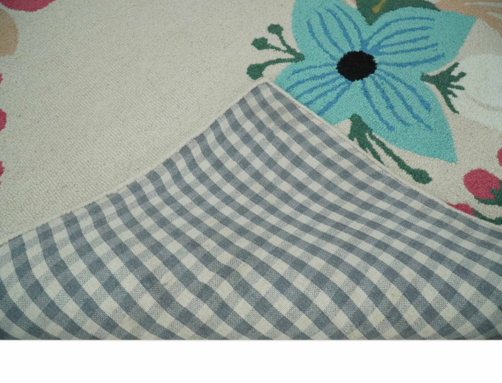Vibrant Colorful Traditional Floral Ivory, Aqua, Pink and Green 5x8 Hand Tufted Wool Area Rug - The Rug Decor