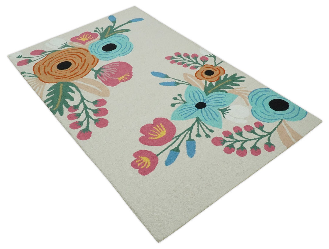 Vibrant Colorful Traditional Floral Ivory, Aqua, Pink and Green 5x8 Hand Tufted Wool Area Rug - The Rug Decor