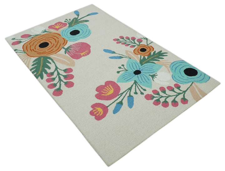 Vibrant Colorful Traditional Floral Ivory, Aqua, Pink and Green 5x8 Hand Tufted Wool Area Rug - The Rug Decor