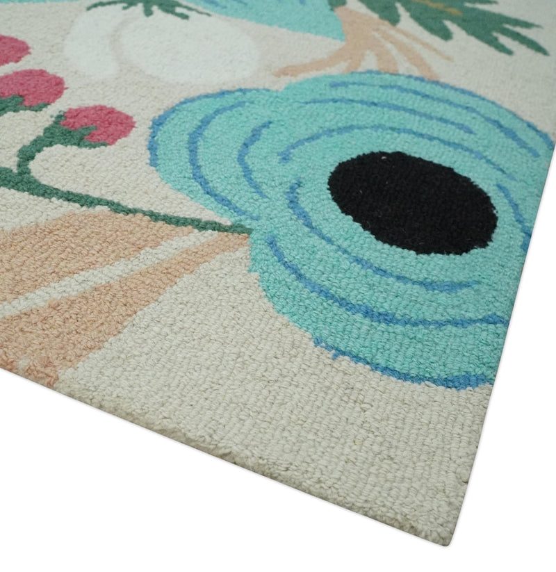 Vibrant Colorful Traditional Floral Ivory, Aqua, Pink and Green 5x8 Hand Tufted Wool Area Rug - The Rug Decor