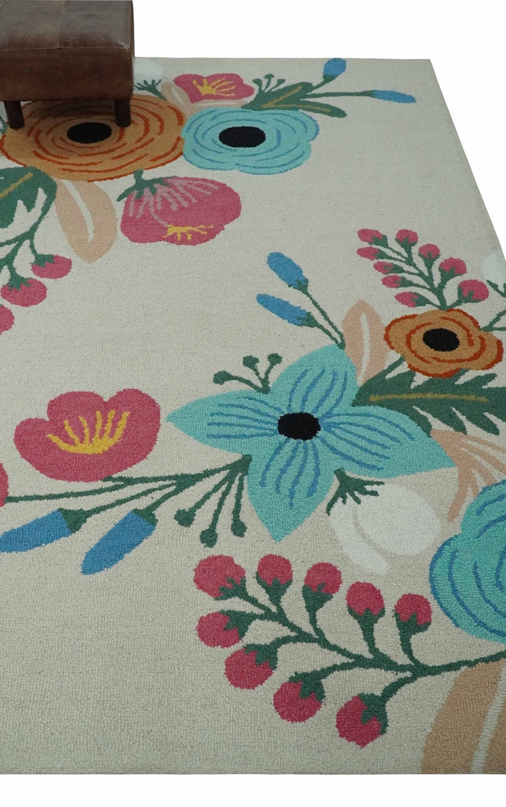 Vibrant Colorful Traditional Floral Ivory, Aqua, Pink and Green 5x8 Hand Tufted Wool Area Rug - The Rug Decor