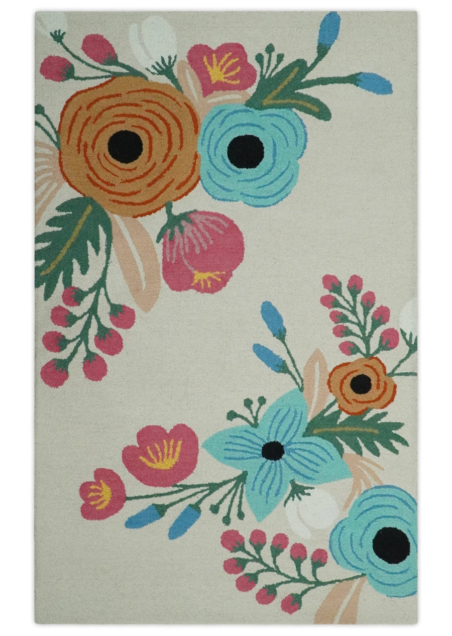 Vibrant Colorful Traditional Floral Ivory, Aqua, Pink and Green 5x8 Hand Tufted Wool Area Rug - The Rug Decor