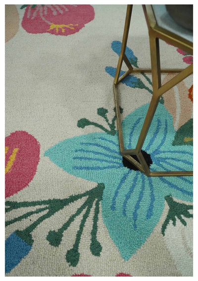 Vibrant Colorful Traditional Floral Ivory, Aqua, Pink and Green 5x8 Hand Tufted Wool Area Rug - The Rug Decor