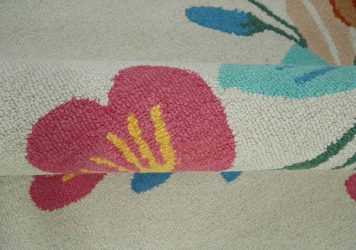 Vibrant Colorful Traditional Floral Ivory, Aqua, Pink and Green 5x8 Hand Tufted Wool Area Rug - The Rug Decor