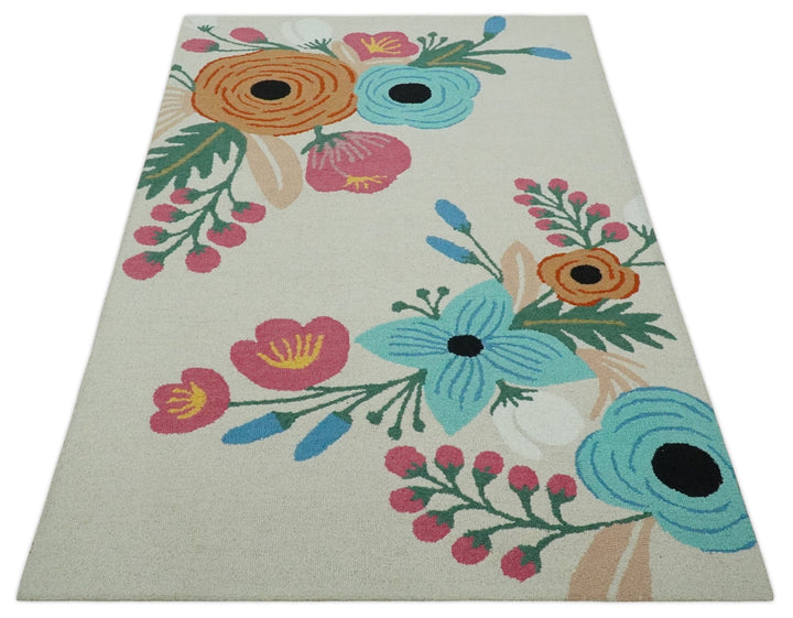 Vibrant Colorful Traditional Floral Ivory, Aqua, Pink and Green 5x8 Hand Tufted Wool Area Rug - The Rug Decor