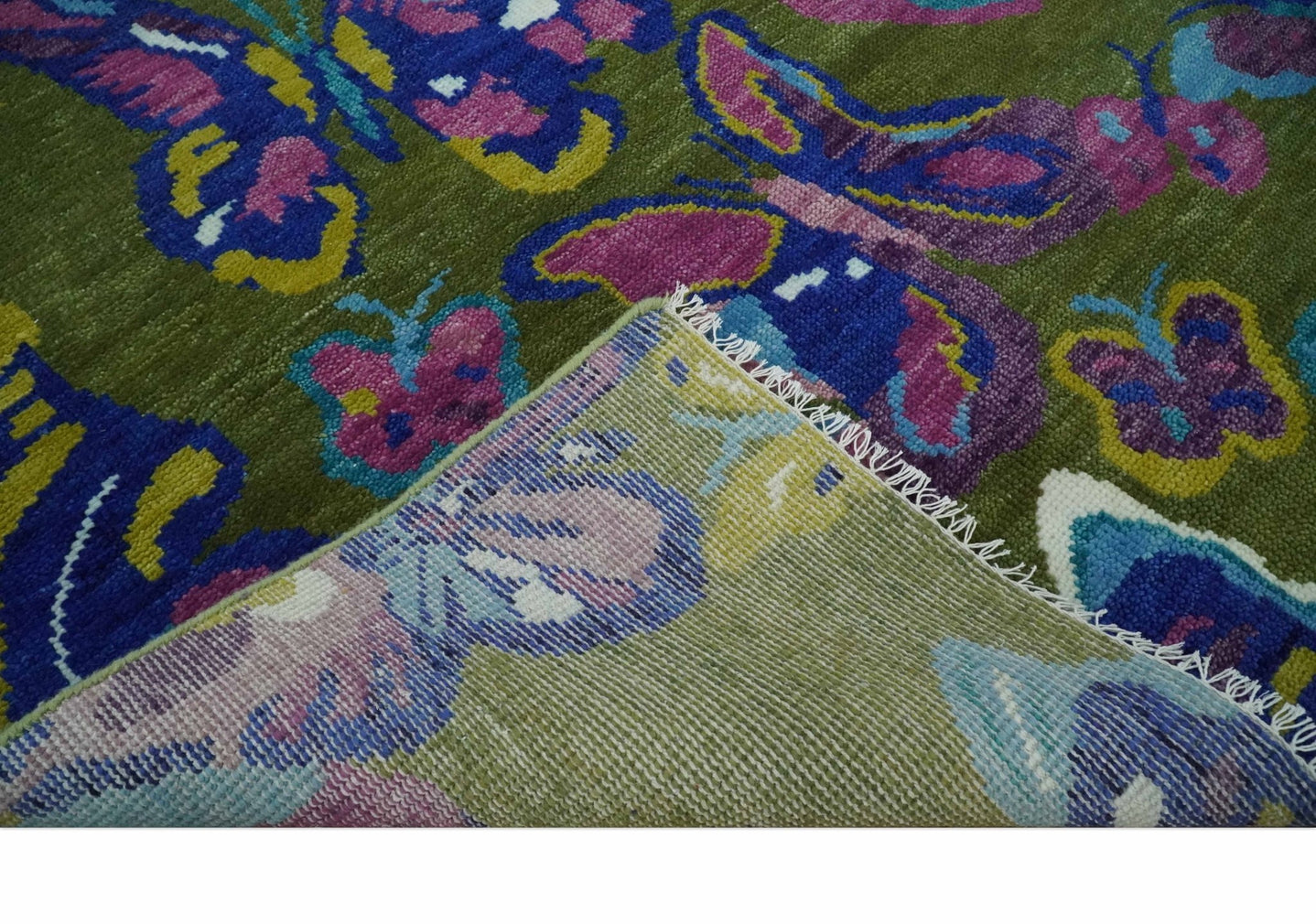 Vibrant Garden of Butterfly Green and Purple Hand knotted Multi size wool Area Rug - The Rug Decor