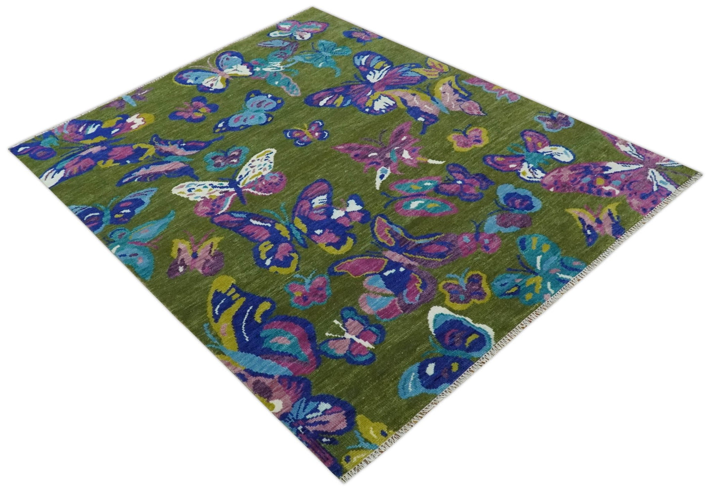 Vibrant Garden of Butterfly Green and Purple Hand knotted Multi size wool Area Rug - The Rug Decor