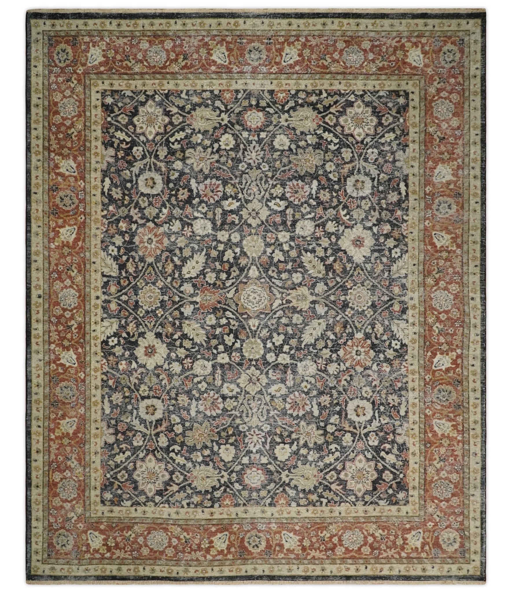 Vintage Black, Rust and Beige Textured Low Pile Distressed Wool