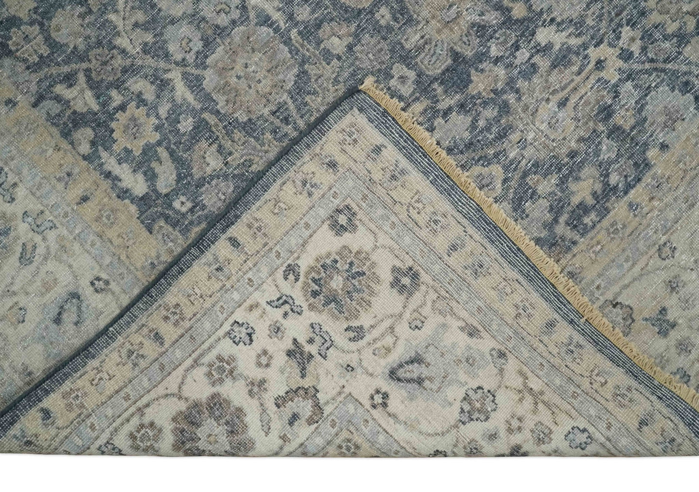 Vintage 6x9, 8x10 and 9x12 Hand Knotted Traditional Blue and Beige Antique Textured Low Pile Distressed Wool Rug | TRD52770 - The Rug Decor