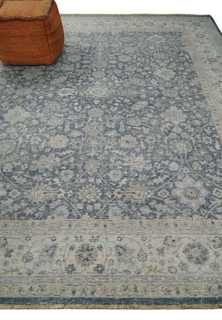 Vintage 6x9, 8x10 and 9x12 Hand Knotted Traditional Blue and Beige Antique Textured Low Pile Distressed Wool Rug | TRD52770 - The Rug Decor