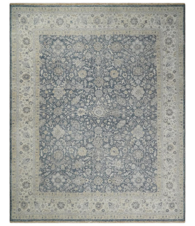 Vintage 6x9, 8x10 and 9x12 Hand Knotted Traditional Blue and Beige Antique Textured Low Pile Distressed Wool Rug | TRD52770 - The Rug Decor