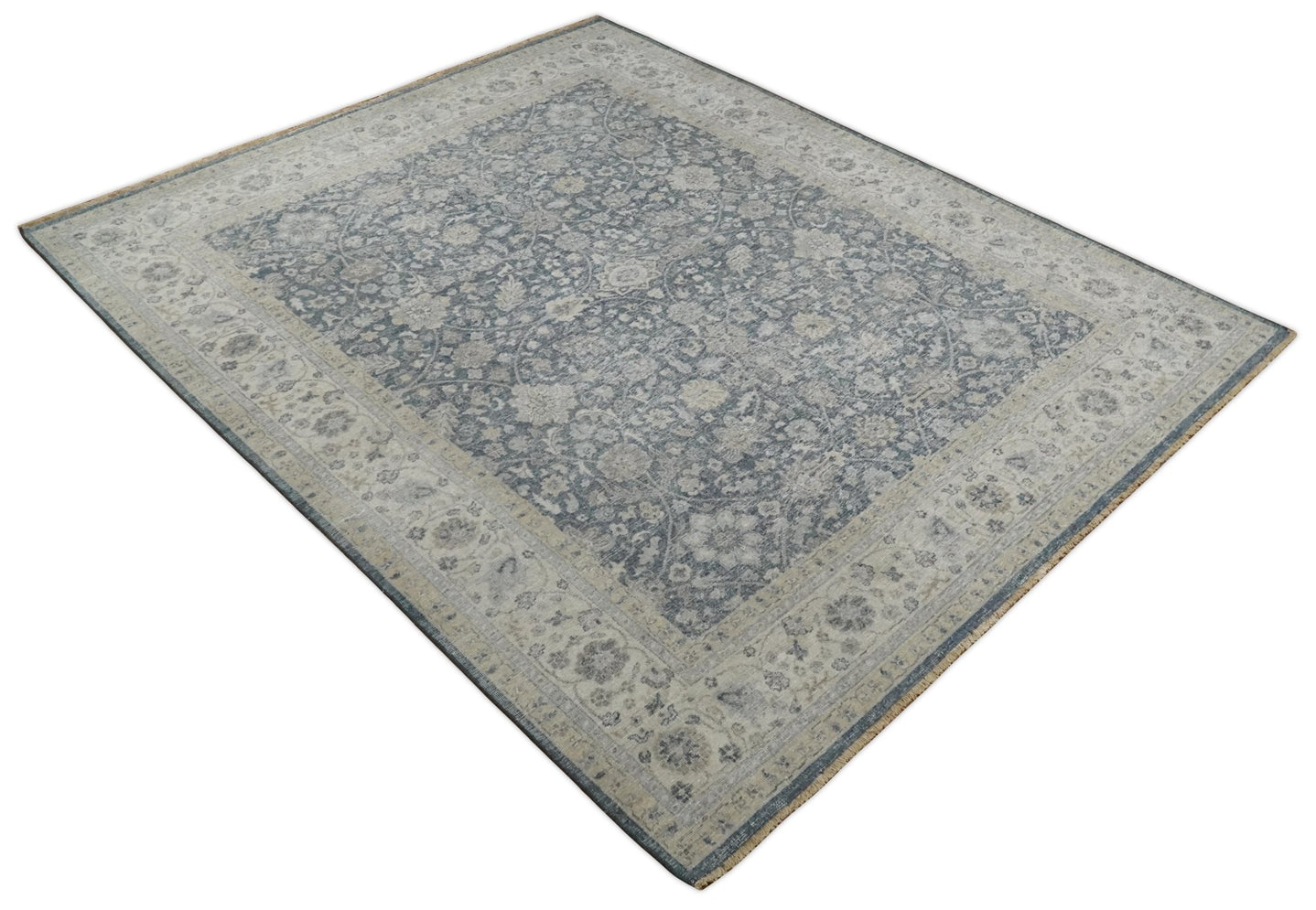 Vintage 6x9, 8x10 and 9x12 Hand Knotted Traditional Blue and Beige Antique Textured Low Pile Distressed Wool Rug | TRD52770 - The Rug Decor