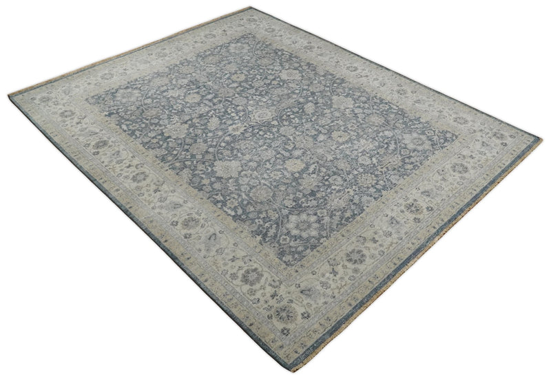 Vintage 6x9, 8x10 and 9x12 Hand Knotted Traditional Blue and Beige Antique Textured Low Pile Distressed Wool Rug | TRD52770 - The Rug Decor