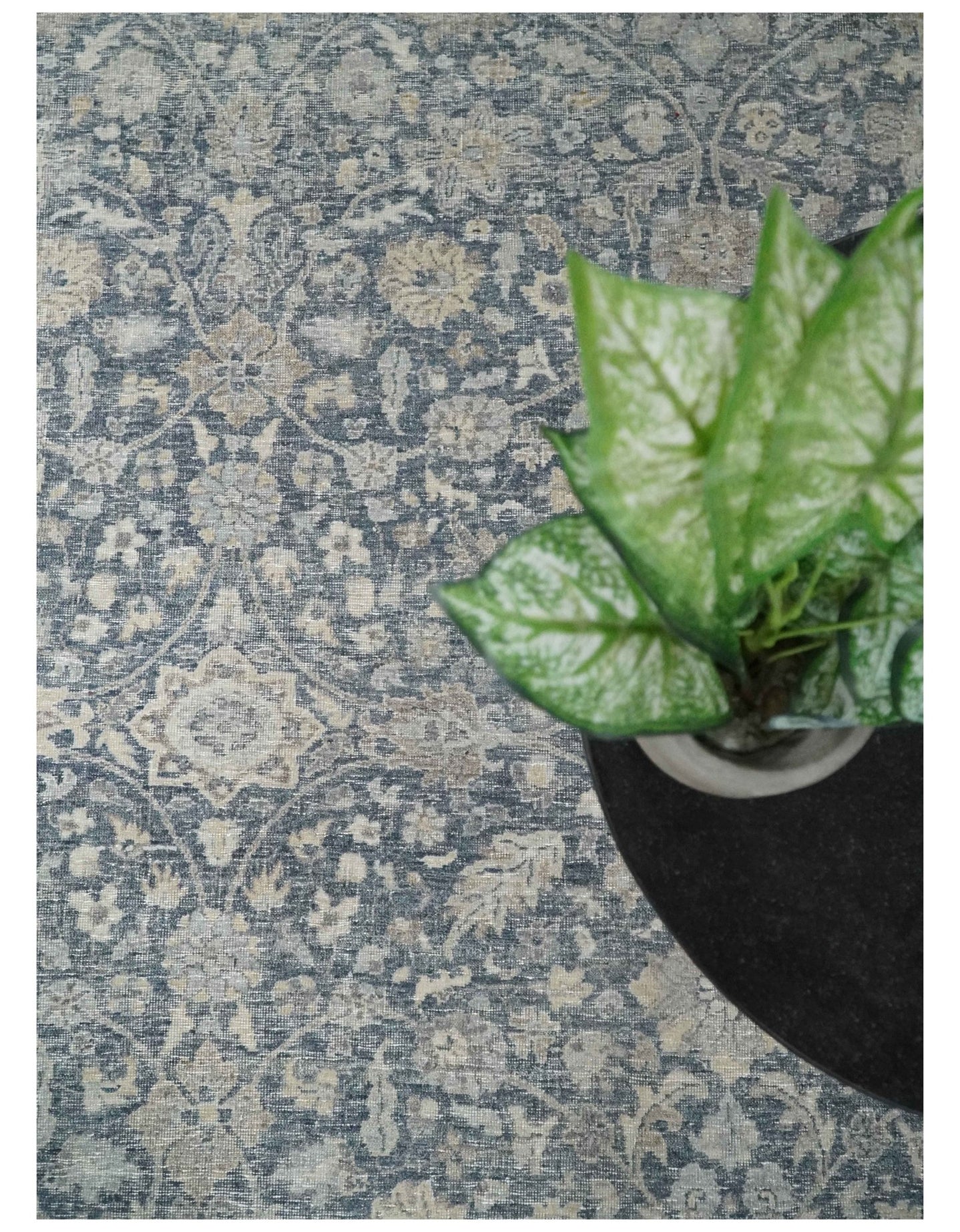 Vintage 6x9, 8x10 and 9x12 Hand Knotted Traditional Blue and Beige Antique Textured Low Pile Distressed Wool Rug | TRD52770 - The Rug Decor