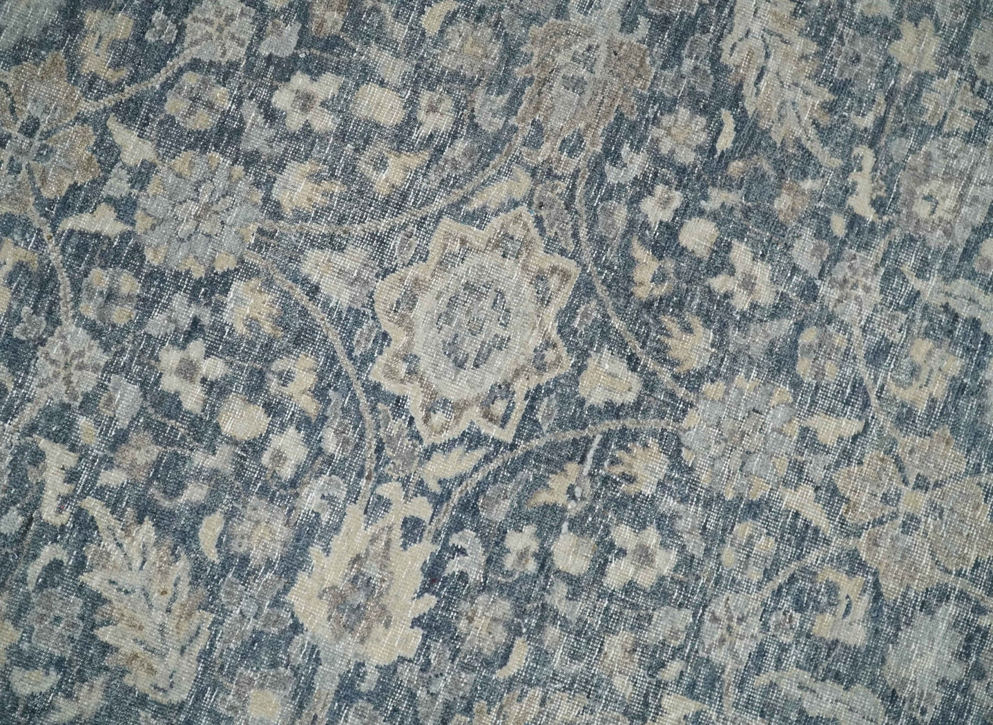 Vintage 6x9, 8x10 and 9x12 Hand Knotted Traditional Blue and Beige Antique Textured Low Pile Distressed Wool Rug | TRD52770 - The Rug Decor