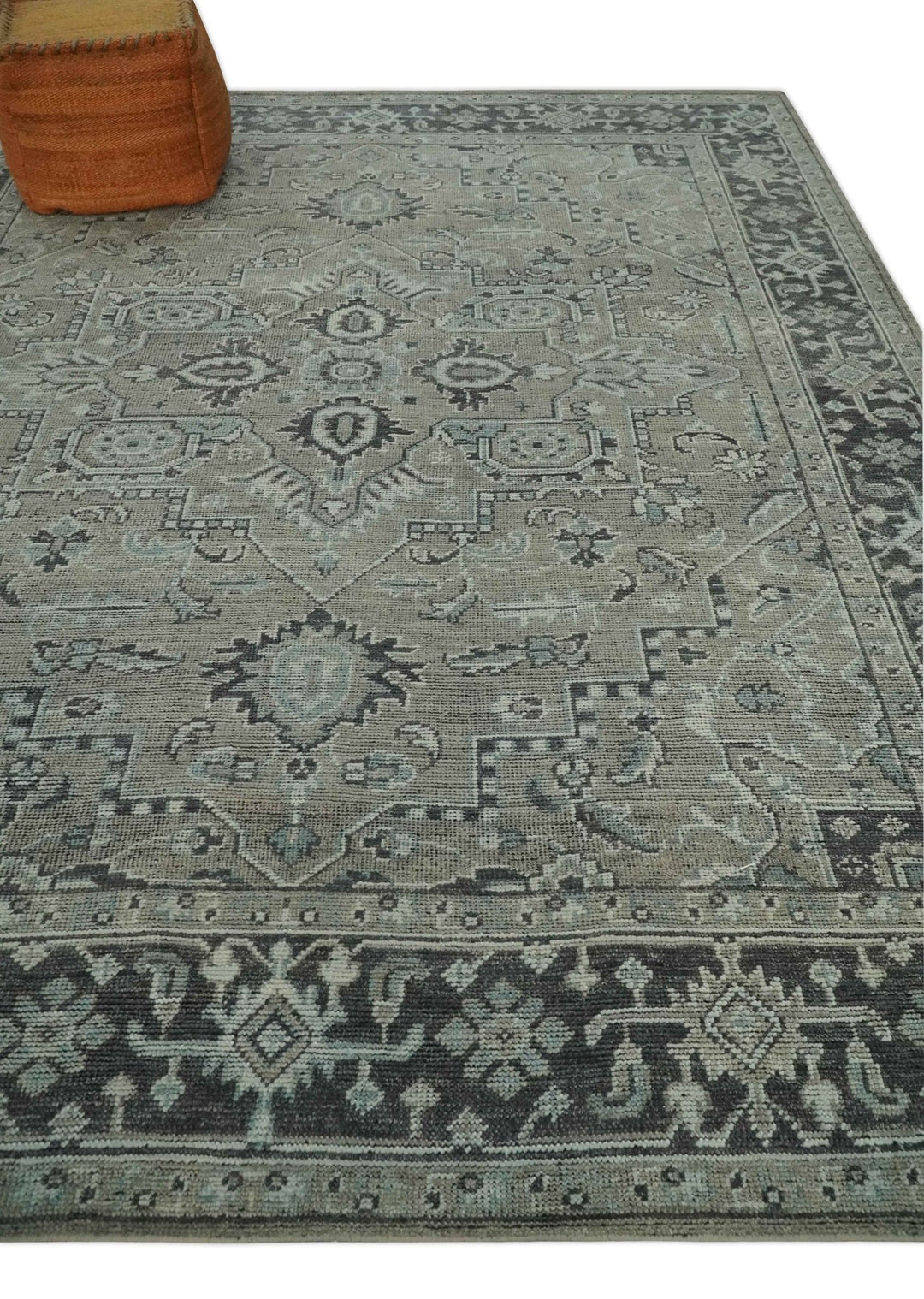 Vintage Distressed 3X5, 4X6, 5x8, 6x9, 8x10, 9x12 Hand Knotted Heriz Serapi Taupe and Ivory Traditional Antique Persian Area Rug | TRD2781 - The Rug Decor